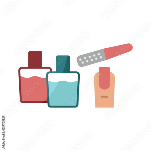 Nail polish bottle and nail file set beauty salon icon in flat style, featuring a sleek nail polish bottle and a smooth nail file, perfect for manicure and beauty themes.