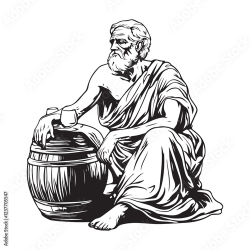 Elderly ancient Greek man sits next to a barrel of wine image vector Isolated on white background.