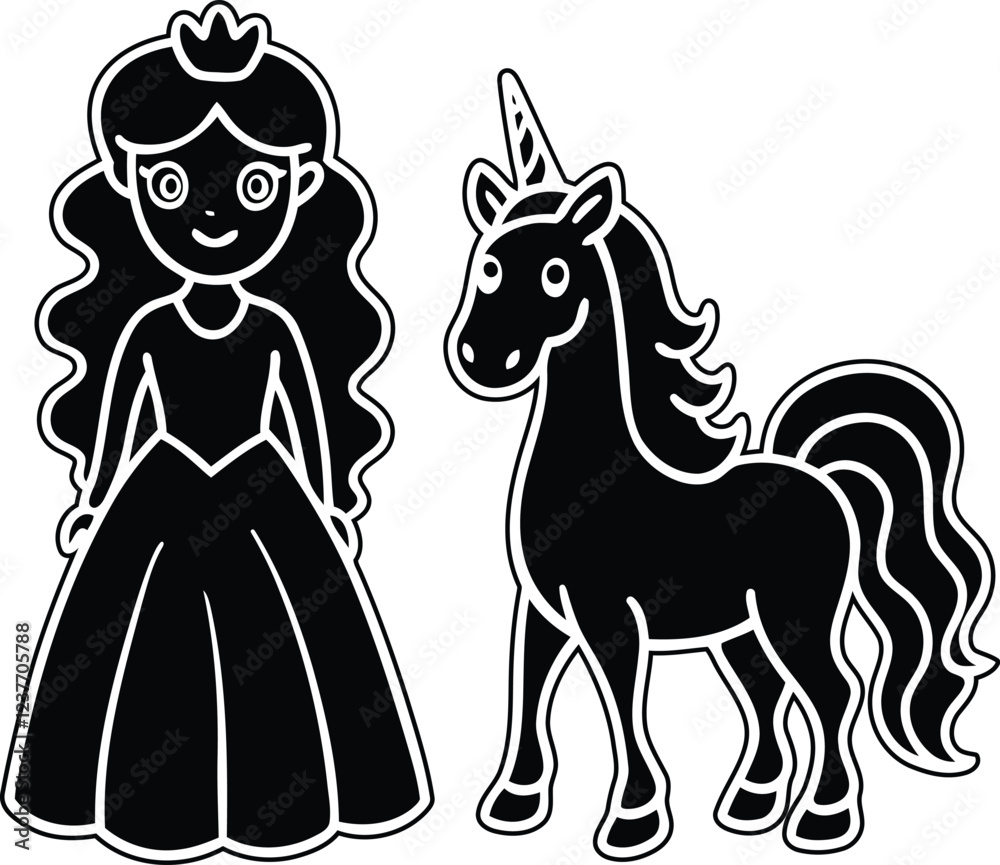 Cute princess and a unicorn silhouette vector illustration, princess and a unicorn line art vector, princess and a unicorn vector icon design Cute princess and a unicorn silhouette vector illustration, princess and a unicorn line art vector, princess and a unicorn vector icon design