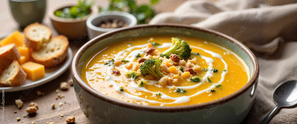 Hearty cheddar broccoli soup with croutons in cozy kitchen nook, winter warmth Hearty cheddar broccoli soup with croutons in cozy kitchen nook, winter warmth