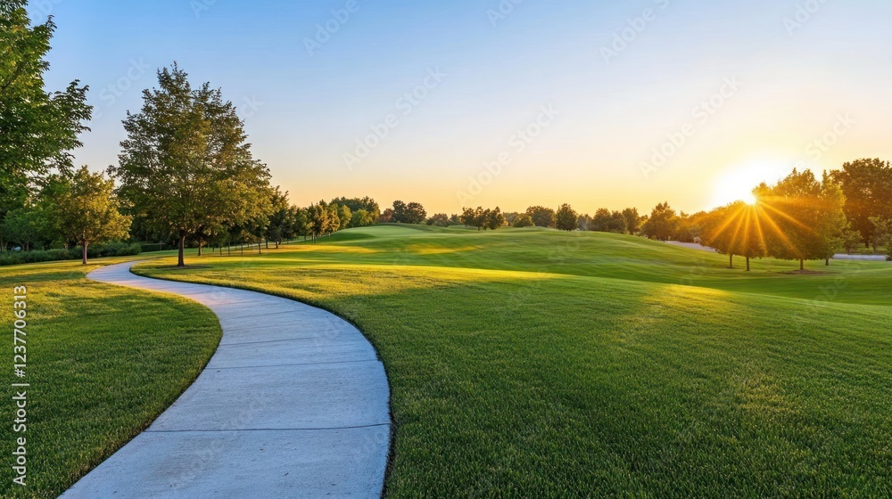 Obraz premium Sunrise path, golf course, scenic walk, summer morning, real estate