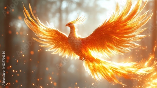 Phoenix soaring through mystical forest, sunrise