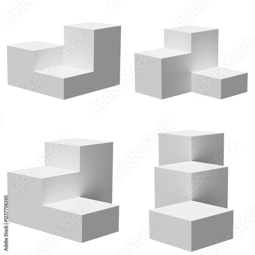 3d render 3 boxy podiums in 4 positions. White color.