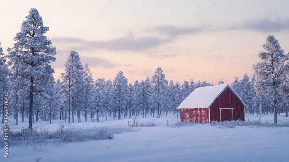 Naklejka premium Red barn, snowy forest, winter sunrise, peaceful landscape, postcard