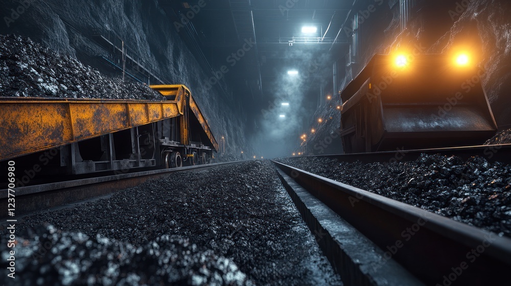 Obraz premium Coal mine train transporting ore through dimly lit tunnel