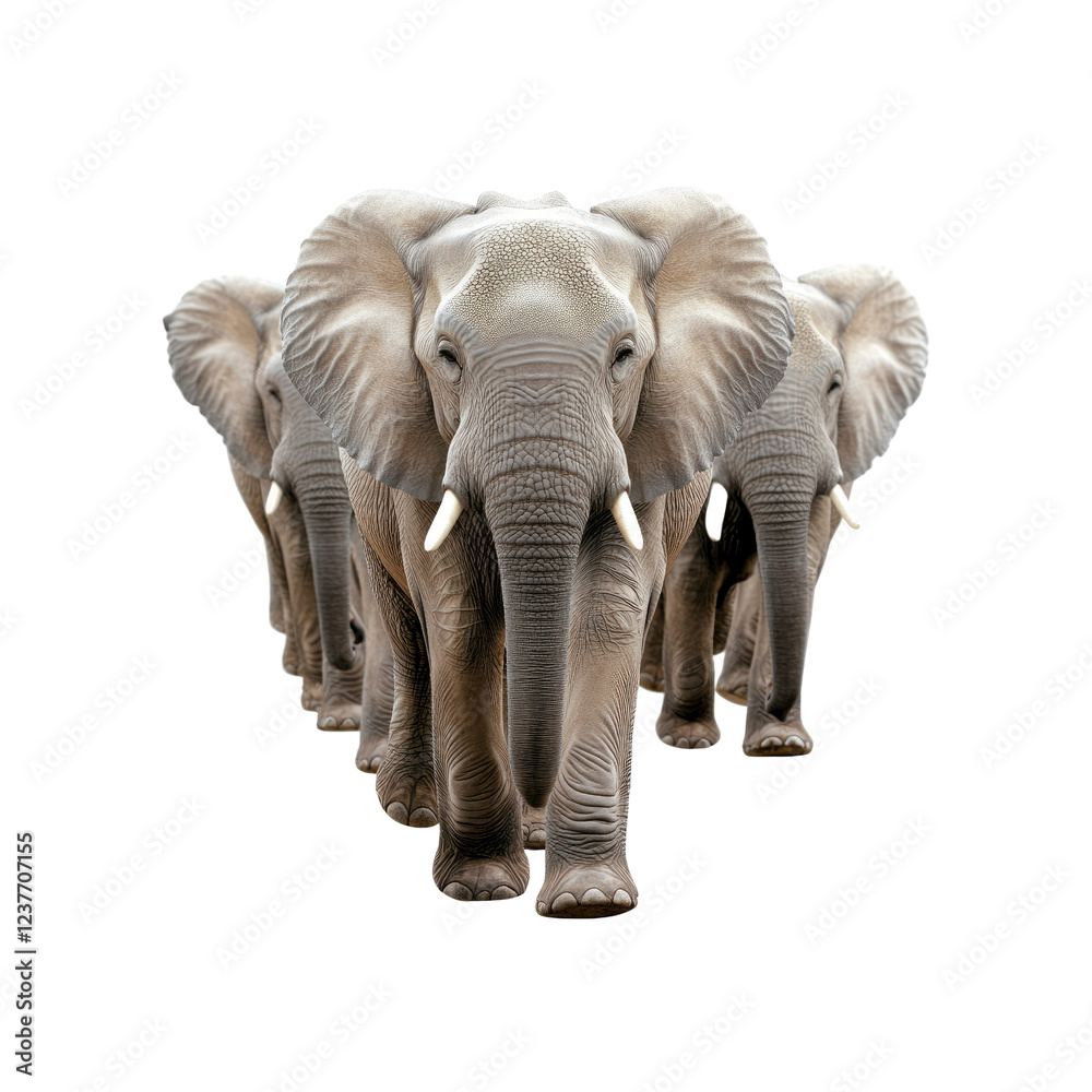 Fototapeta premium Majestic Elephant Herd Marching Forward on Transparent background