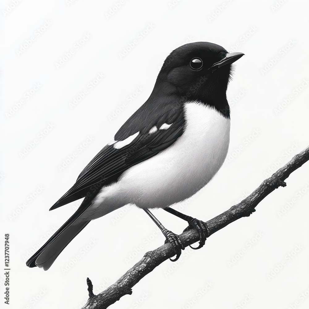 Black-and-white bird perched on branch, studio shot, nature Black-and-white bird perched on branch, studio shot, nature