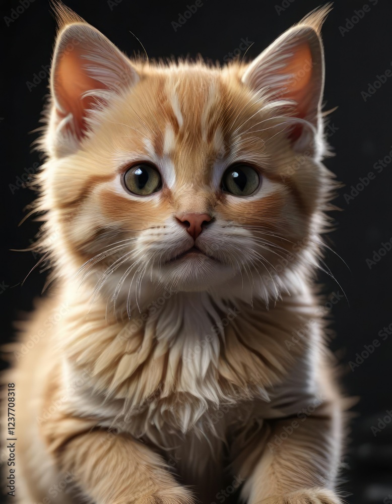 Fototapeta premium Kitten's soft fur blends with dark surroundings, quiet animal, softness, hidden form