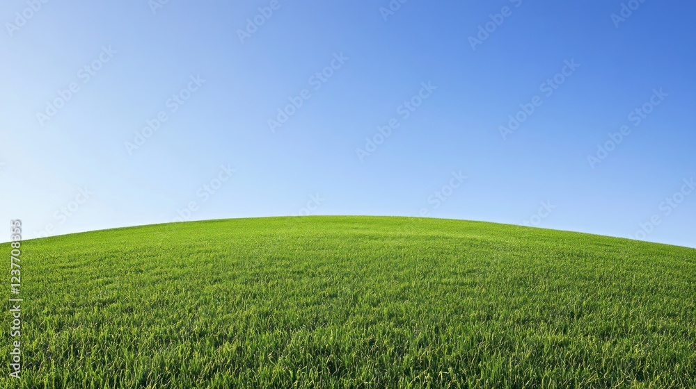 Fototapeta premium Rolling green hill under clear blue sky, panoramic view, nature background, idyllic landscape
