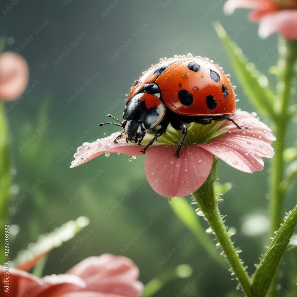 Fototapeta premium Ladybug enjoying the freshness of dew-kissed flower , fresh scent, flower, ladybug