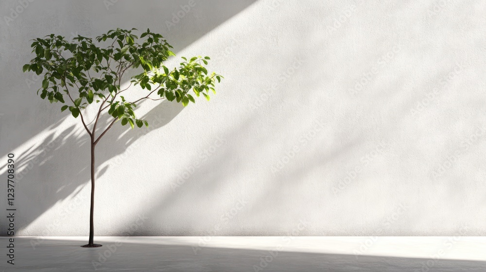 Obraz premium Sunlight illuminates small tree in minimalist room; design concept
