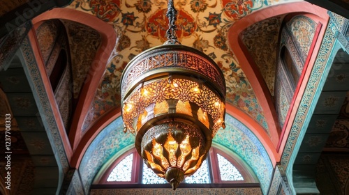 Ornate chandelier hangs in a Moorish-style hallway with painted ceiling, ideal for interior design