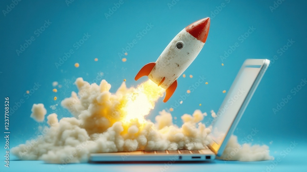 Fototapeta premium Rocket launching from laptop, symbolizing innovation and growth