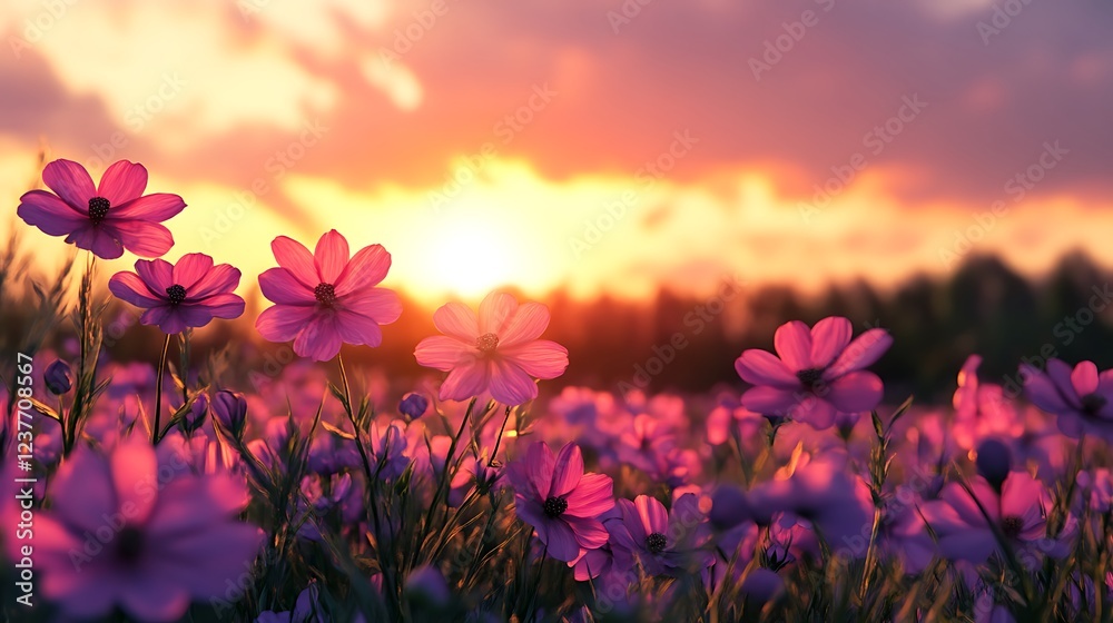 Fototapeta premium A brilliant sunrise over a field of blooming flowers vibrant in pink and purple hues symbolizing the growth and resilience of women across the world