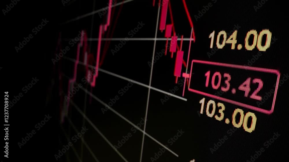 Closeup macro shot movement on LED screen, declining stock market graph economic crisis with falling trend red downturn indicator, and profit loss. Financial crisis lead to market volatility downfall.
