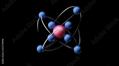 Retro groovy atom with electrons orbiting around a central nucleus with surrounding twinkling stars. Isolated cartoon vector sign, symbolizing the basic structure of atom in chemistry and physics