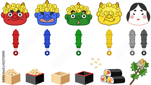 節分の鬼・おかめ・豆まき・ひいらぎ鰯の簡単なイラストセット