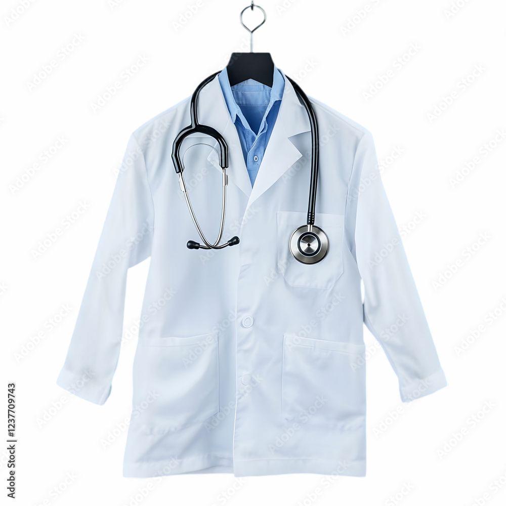Doctors white coat with stethoscope on hanger Doctors white coat with stethoscope on hanger
