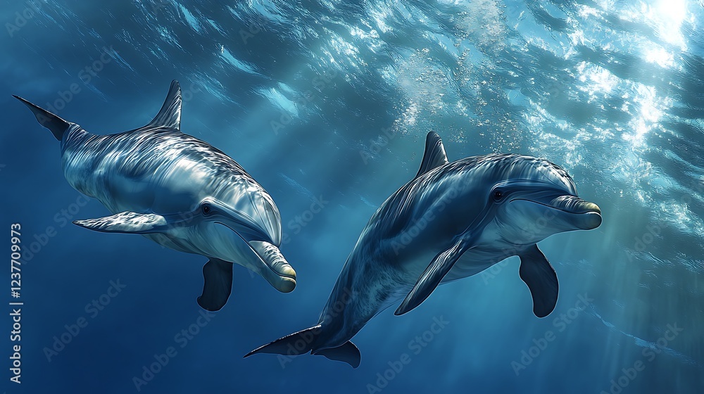 Obraz premium A scuba diver enjoying the rare experience of swimming next to a playful pod of dolphins, their speed and agility enhancing the thrill of the underwater journey