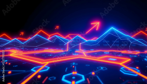 financial graph, upward trend, stock market chart, blue glowing bars, digital display, financial data visualization, futuristic interface, neon lights, data analytics, economic growth, business statis photo