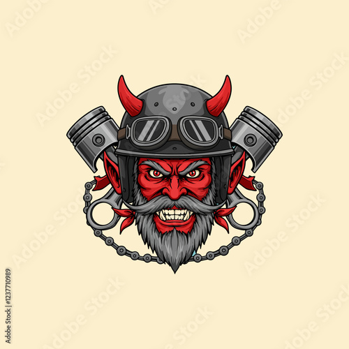 Devilish biker head vintage style motorcycle illustration