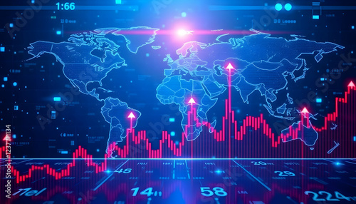 financial graph, upward trend, stock market chart, blue glowing bars, digital display, financial data visualization, futuristic interface, neon lights, data analytics, economic growth, business statis