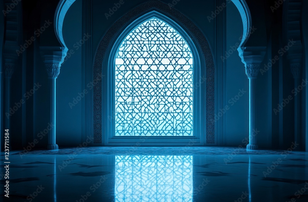 A cinematic still of an Arabic window with geometric patterns glowing in blue light, set against a dark background, creating a mysterious and captivating atmosphere. A cinematic still of an Arabic window with geometric patterns glowing in blue light, set against a dark background, creating a mysterious and captivating atmosphere.