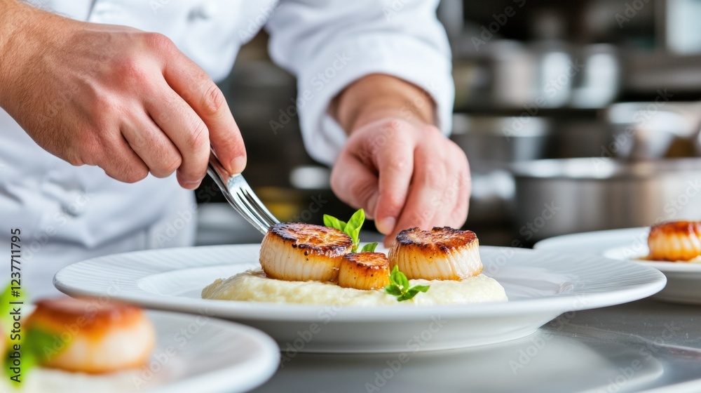 A chef elegantly plating gourmet scallops in a fine dining restaurant. A chef elegantly plating gourmet scallops in a fine dining restaurant.