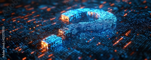 A 3D digital question mark surrounded by flowing binary code, representing AI question answering systems, data processing algorithms, ultrarealistic highdefinition clarity photo