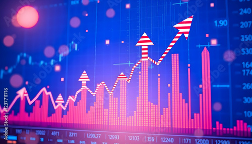 financial graph, upward trend, stock market chart, blue glowing bars, digital display, financial data visualization, futuristic interface, neon lights, data analytics, economic growth, business statis