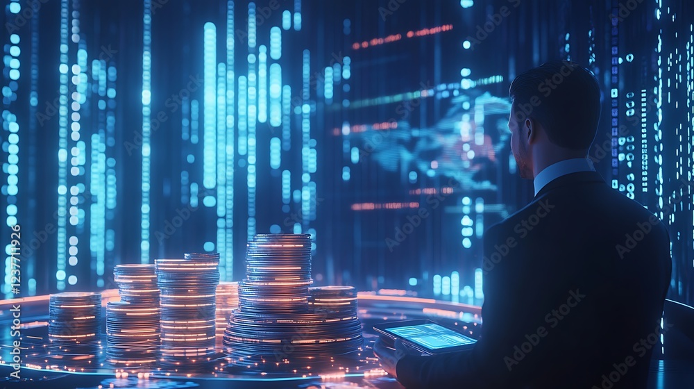 Fototapeta premium Businessman analyzes financial data stream, digital coins