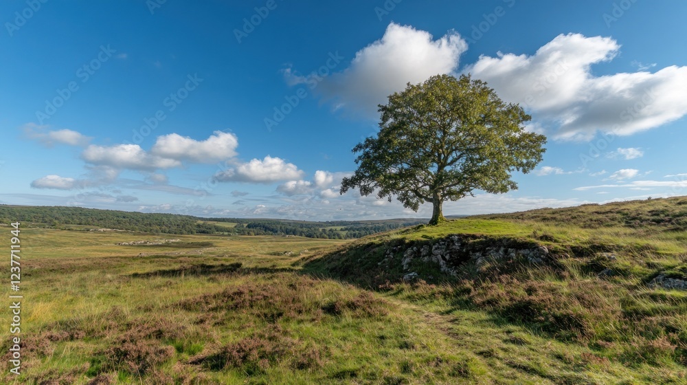 Lone tree hilltop, sunny valley view, Scotland Lone tree hilltop, sunny valley view, Scotland