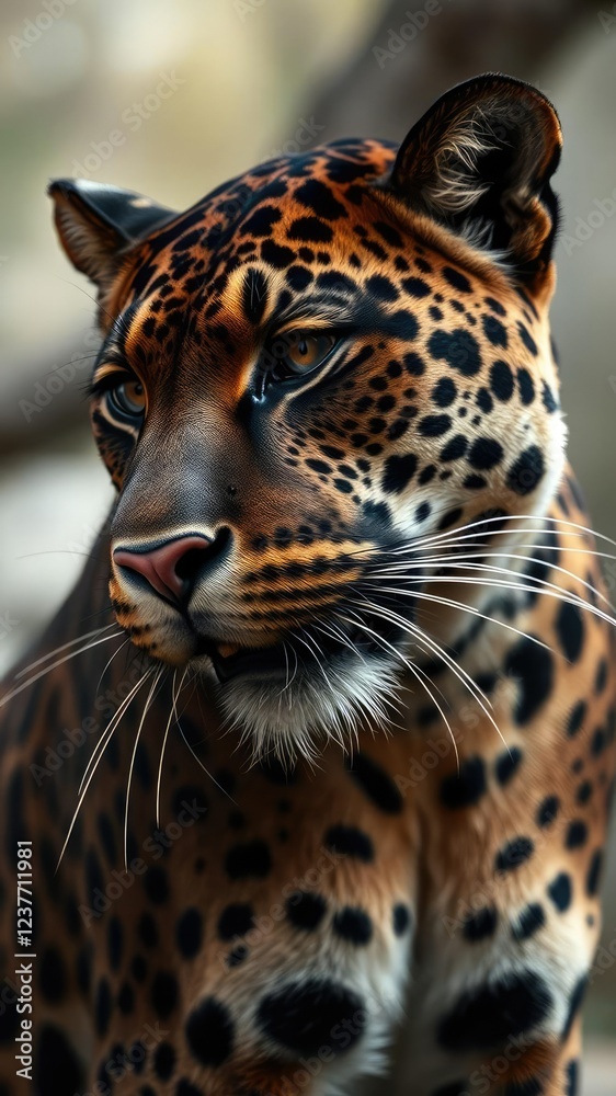 Naklejka premium Majestic panther with piercing gaze looking towards the left, powerful, stalking, wildlife