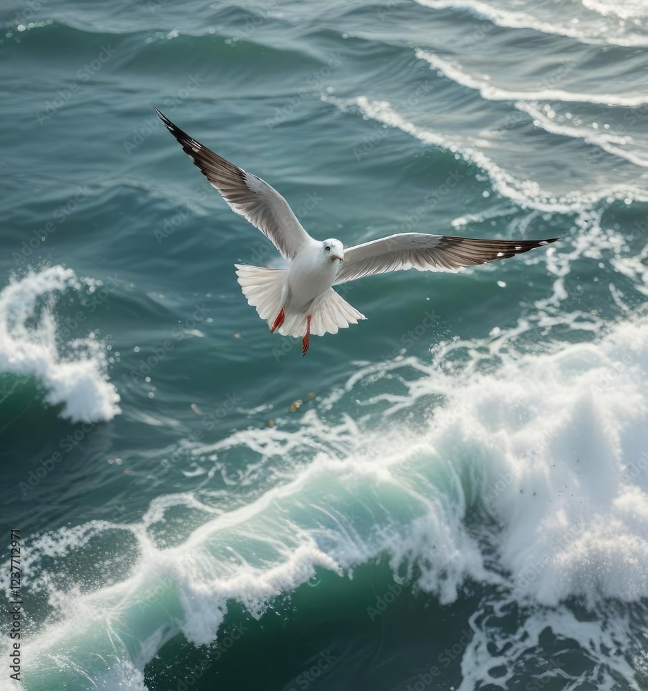 Fototapeta premium Micro drone hovering above ocean waves with seagull, bird, ocean