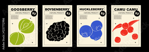 Gooseberry, boysenberry, huckleberry, camu camu. Set of posters of vegetables in a abstract draw design. Label or poster, price tag. Patterns and backgrounds. Perfect for poster, cover, banner.