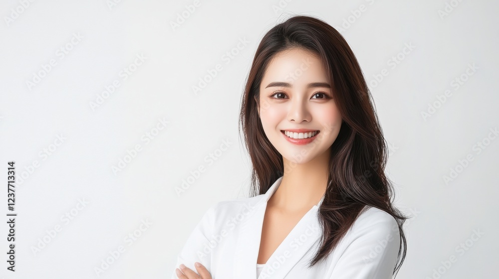 Professional young woman in a white coat smiling against a light background with a friendly demeanor Professional young woman in a white coat smiling against a light background with a friendly demeanor