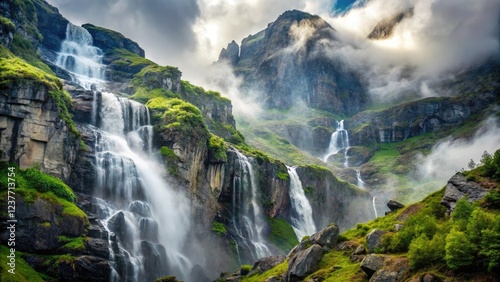 Misty mountainside with waterfalls cascading down rocky cliffs, rocky terrain, misty mornings