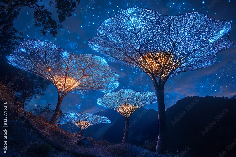 Obraz premium Illuminated Trees Under a Starlit Night Sky