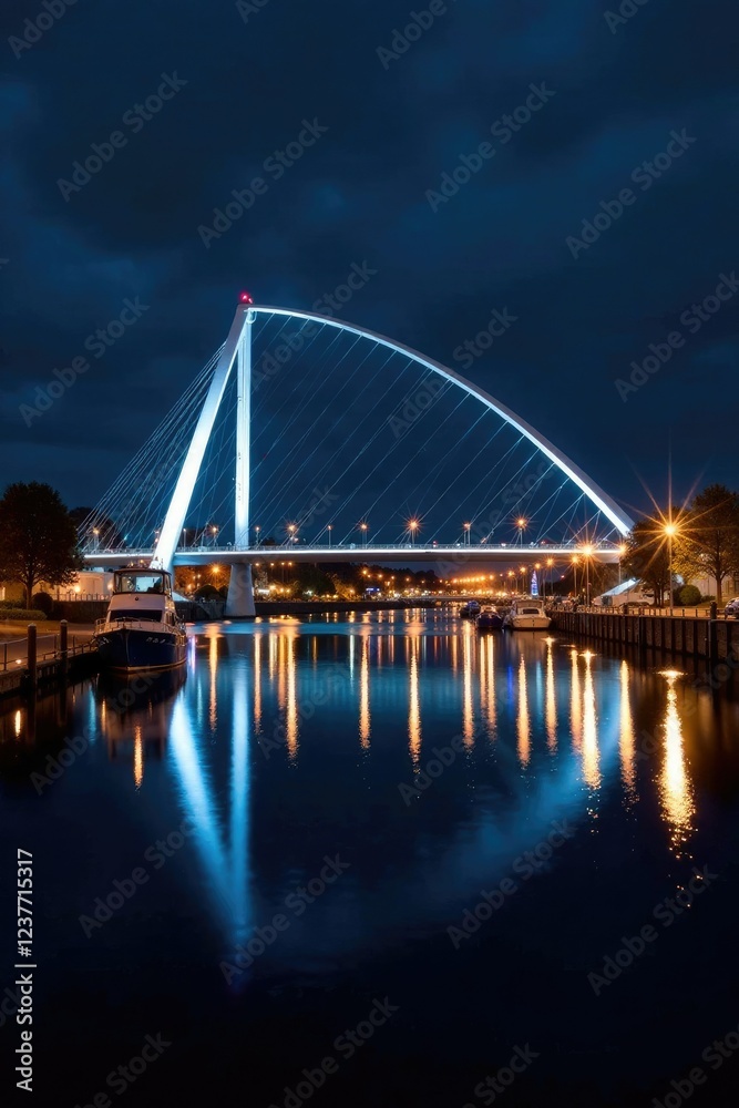 Naklejka premium Nighttime reflections on the sail bridge over tawe river marina, silver light, nighttime, swansea bay