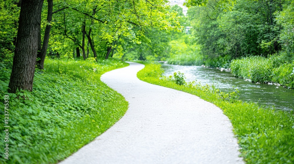 Naklejka premium Winding path beside river, lush green park, summer