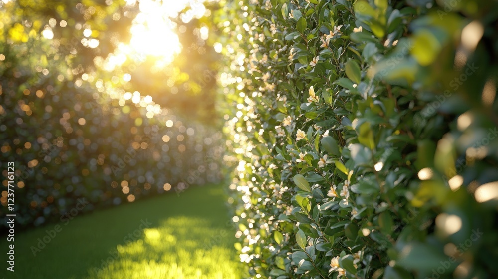 Obraz premium Sunlit hedge, garden, blooming flowers, summer, nature background, landscaping
