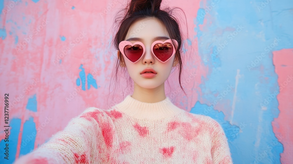 Woman selfie, heart sunglasses, pastel wall, urban, fashion Woman selfie, heart sunglasses, pastel wall, urban, fashion