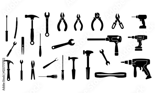 Tool Collection Vector Illustration, Features wrench, hammer, saw, screwdriver, paintbrush, pliers, scissors, drill, chisel, tongs, wire cutters, needle nose pliers, and bolt cutters