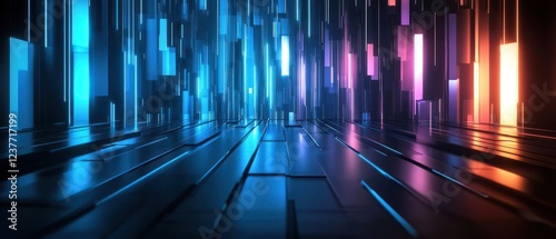 Futuristic abstract landscape with glowing vertical bars