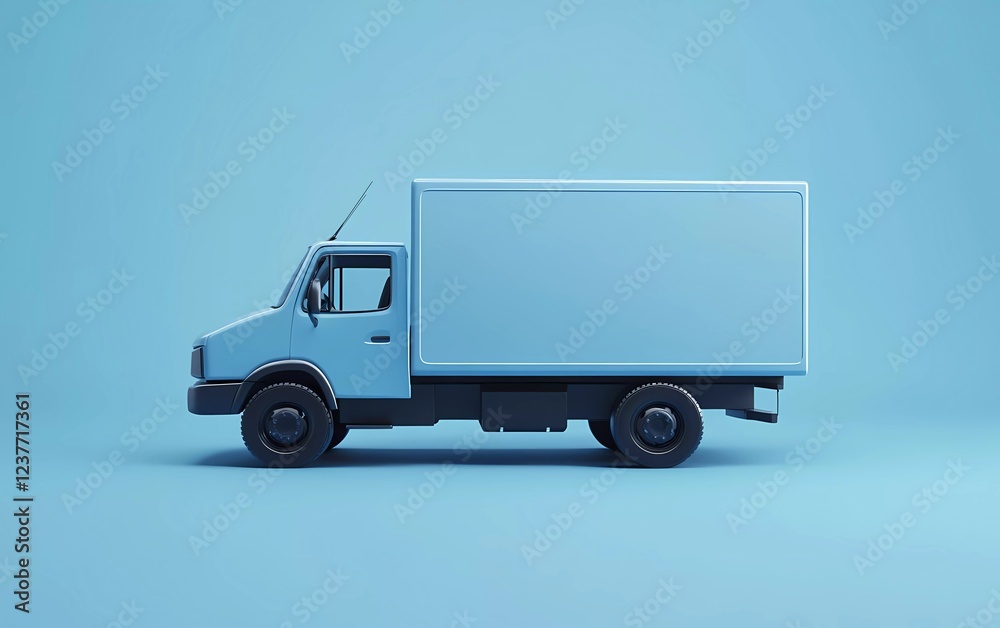 A blue truck in a minimalistic style on a light blue background, a 3D rendering illustration. Minimalist and simple, side view, isometric. A blue truck in a minimalistic style on a light blue background, a 3D rendering illustration. Minimalist and simple, side view, isometric.