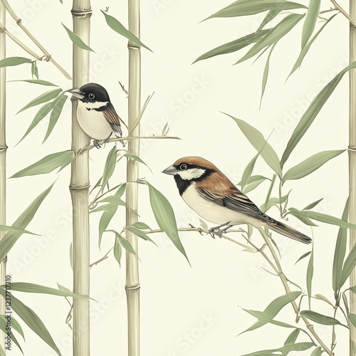 bird on a branch of tree seamless pattern. sparrow element with bamboo branch of leaf in Chinese style. photo