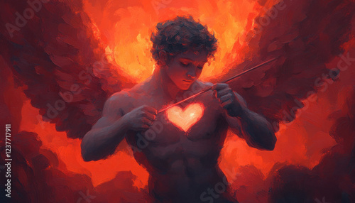 A celestial being with wings revealing a glowing heart of love.