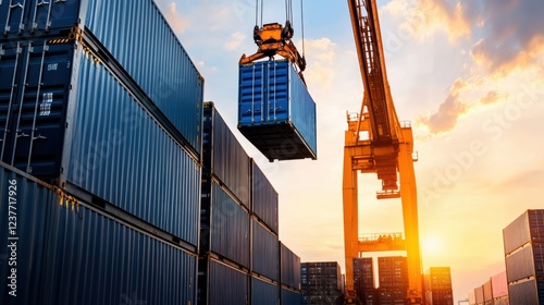Crane lifting a shipping container at sunset in a busy freight yard.