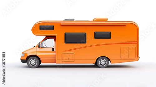 Cute orange motorhome on a white background, in a cartoon style, with a simple design and shape, 3D rendering, a simple color scheme, and solid colors