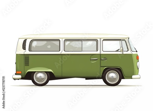 Side view of a green bus, vector illustration, white background, simple design, flat colors, cartoon style, no shadows, no gradient. 